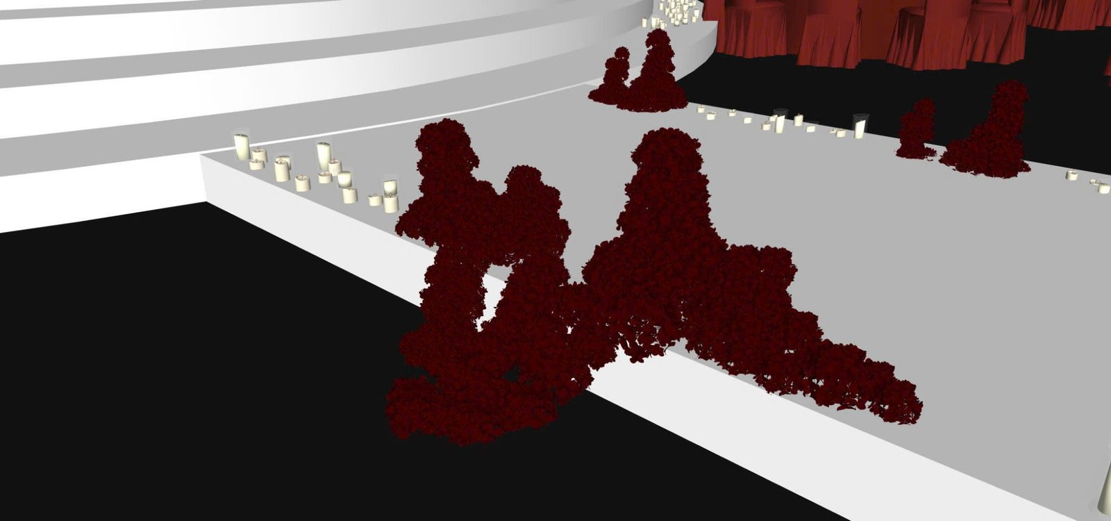 Mô hình SketchUp điêu khắc hoa đỏ dọc lối đi trắng