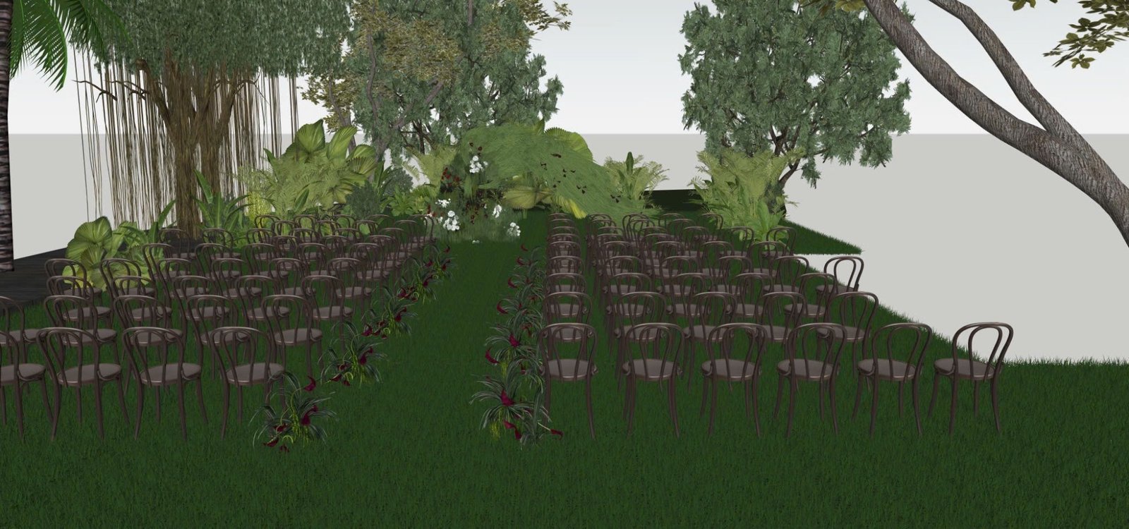 Mô hình SketchUp lễ đường ngoài vườn: lối đi giữa hai khối ghế và cổng lá cọ