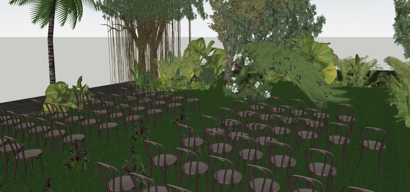 Mô hình SketchUp lễ đường nhìn chéo về cổng lá cọ uốn cong