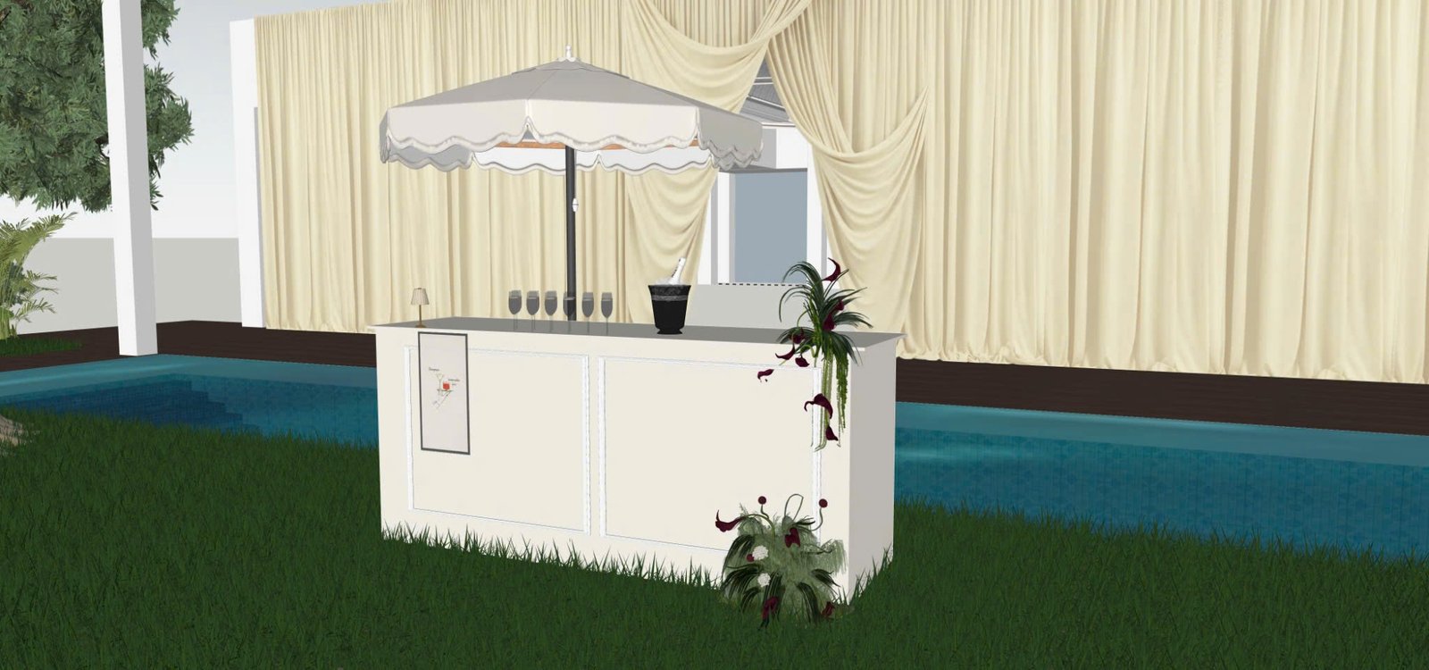 Mô hình SketchUp quầy bar trắng với ô viền lượn sóng cạnh hồ bơi