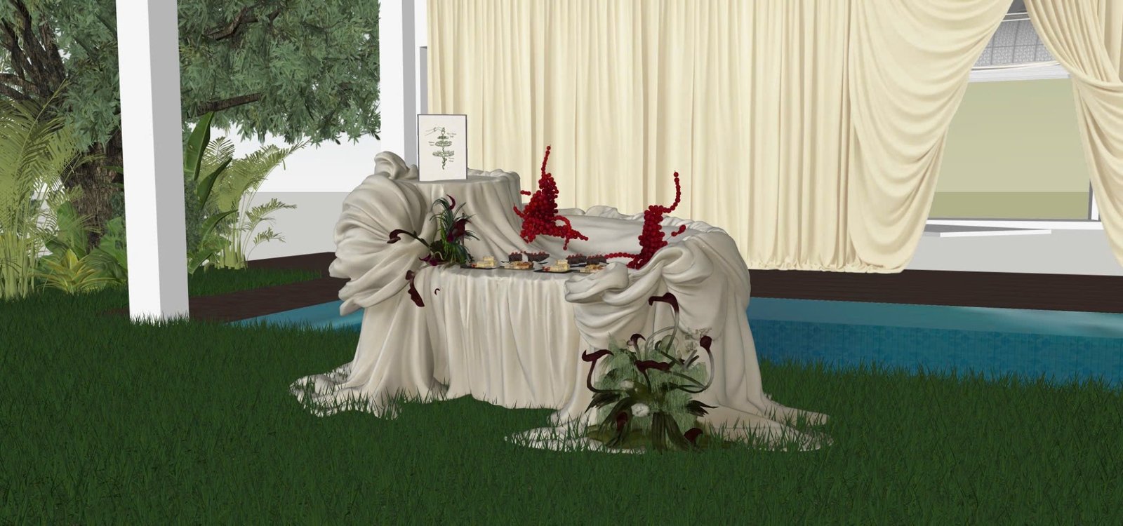 Mô hình SketchUp bàn canapé phủ vải xếp nếp và điểm hoa đỏ