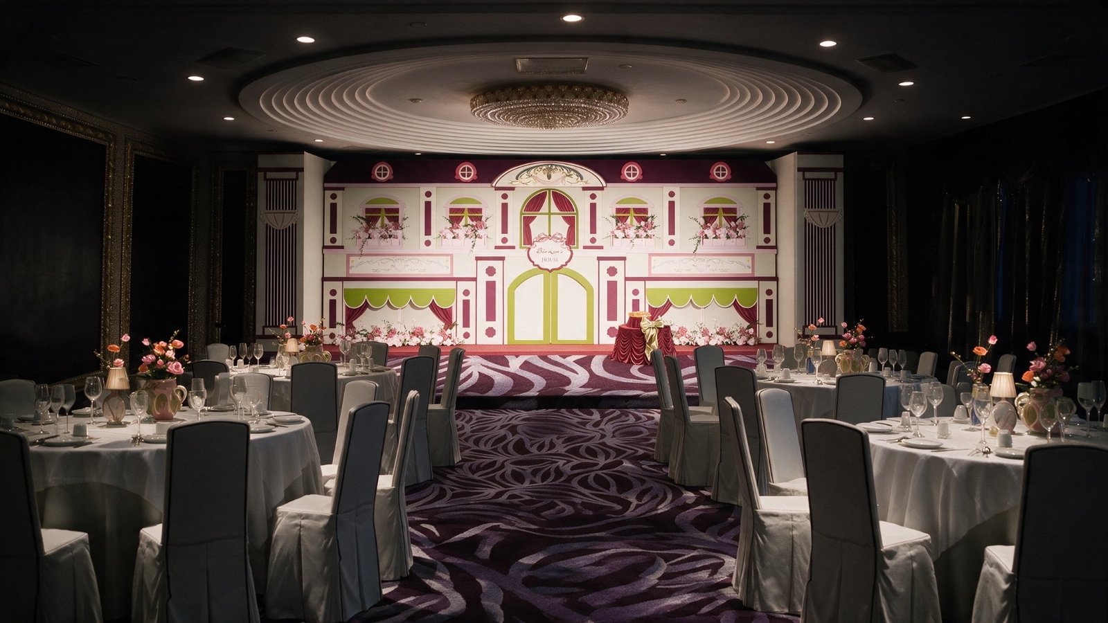Render toàn cảnh sảnh tiệc với bàn tròn hướng về backdrop ngôi nhà