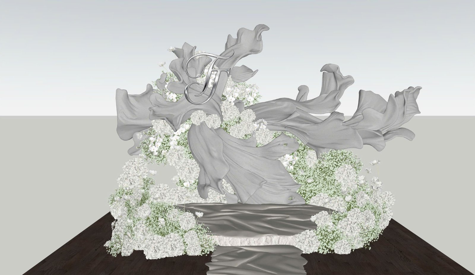 Mô hình SketchUp backdrop điêu khắc trắng uốn lượn với monogram F và hoa trắng