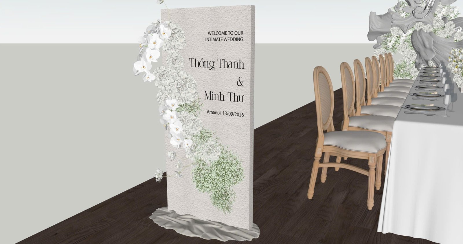 Mô hình SketchUp bảng chào Thống Thanh và Minh Thư với hoa lan trắng