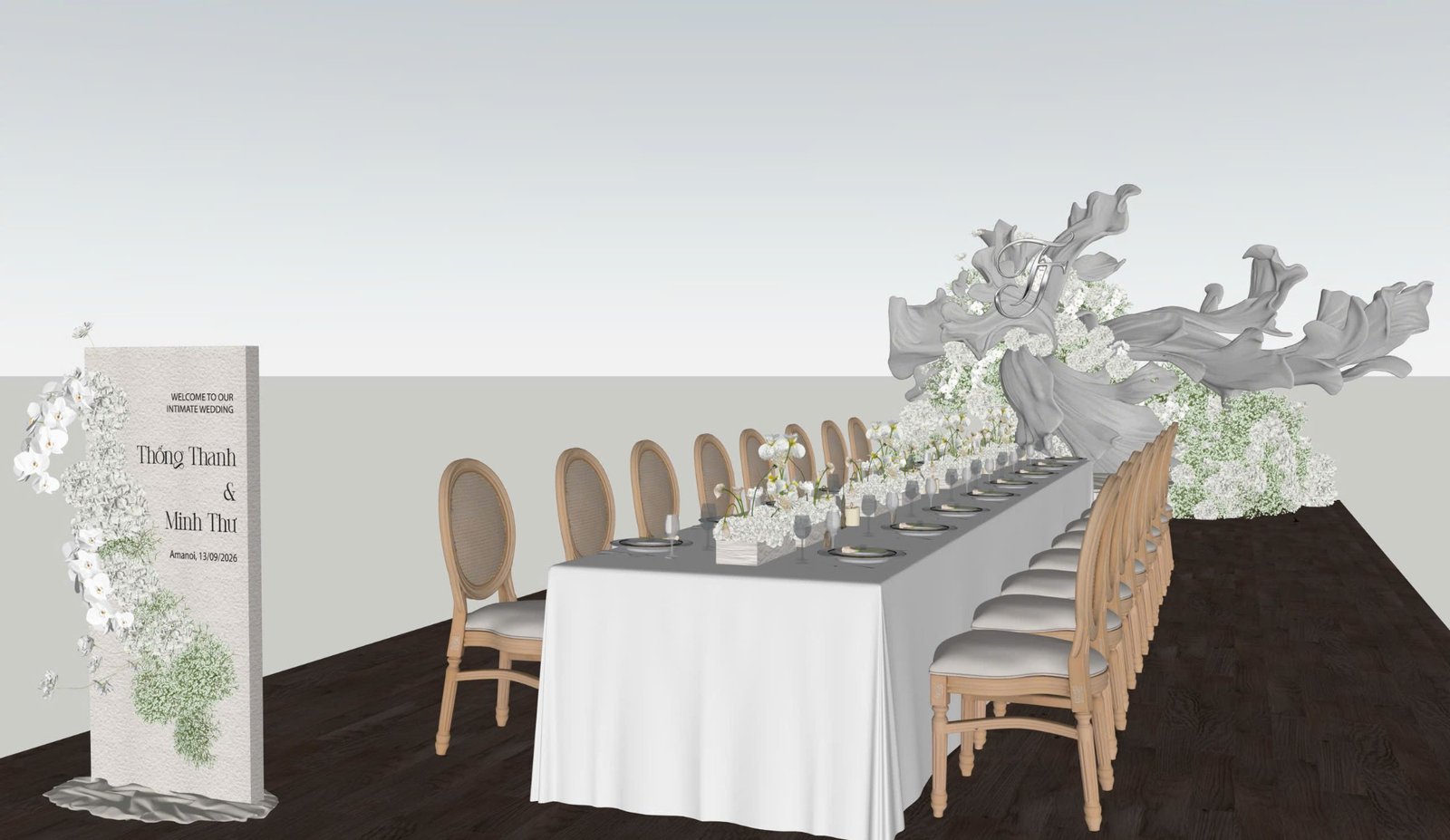 Mô hình SketchUp bàn tiệc dài trước backdrop điêu khắc trắng