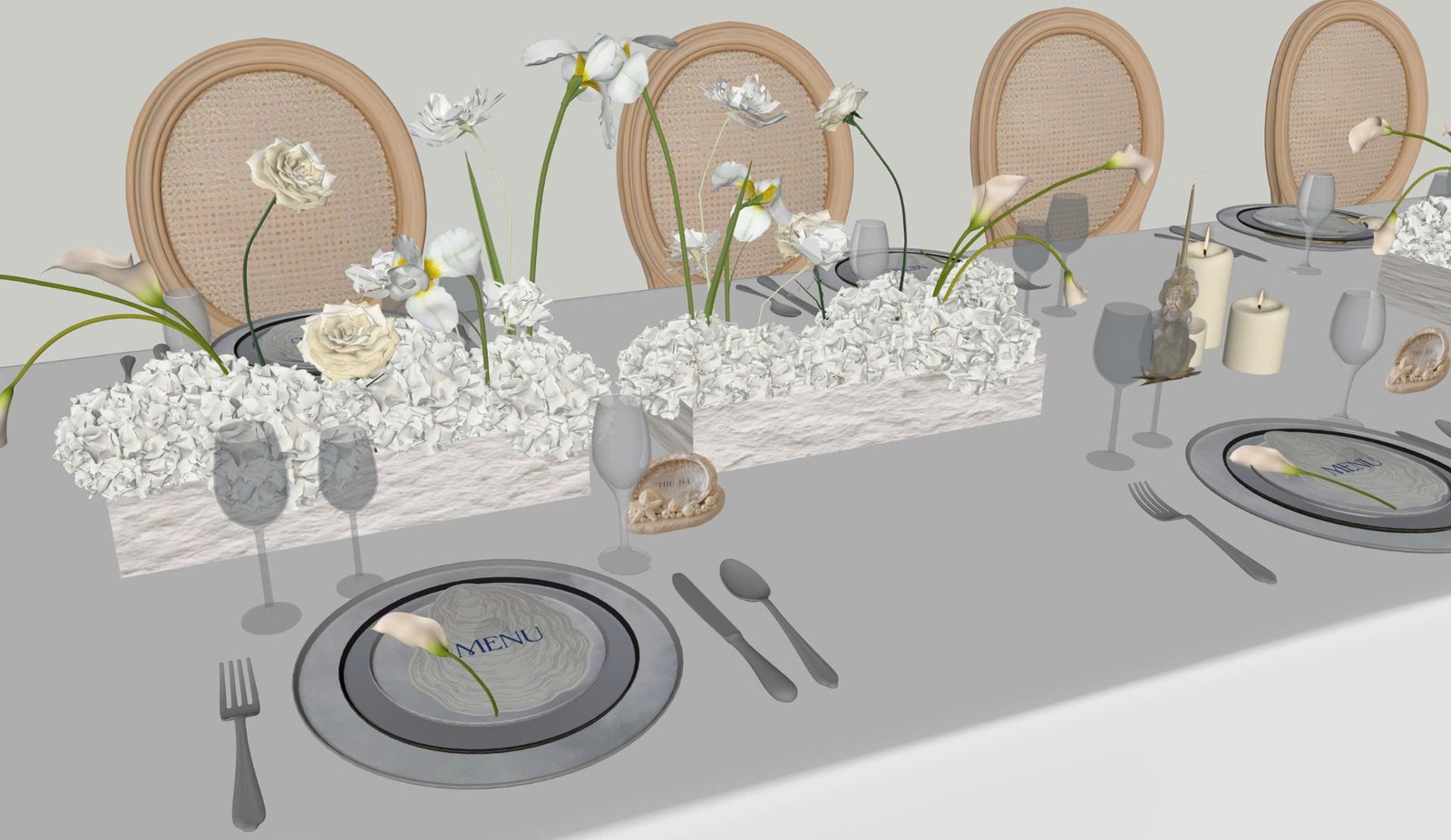 Mô hình SketchUp chi tiết set bàn với hoa trắng, nến và menu