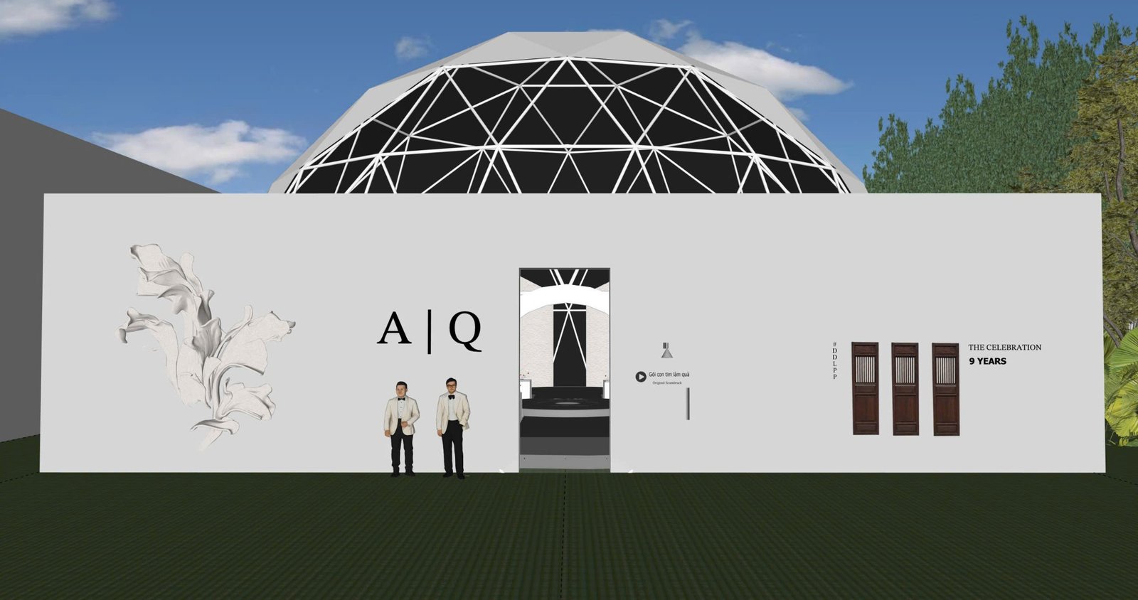 Mô hình SketchUp mặt tiền tường trắng trước mái vòm Dome Theater