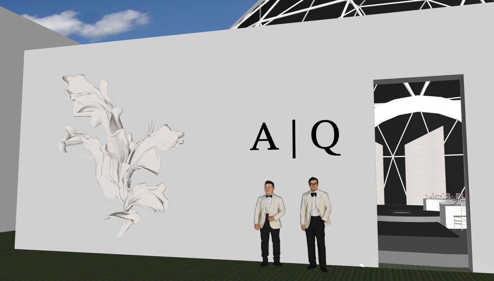 Mô hình SketchUp tường trắng với hoa điêu khắc và chữ A | Q