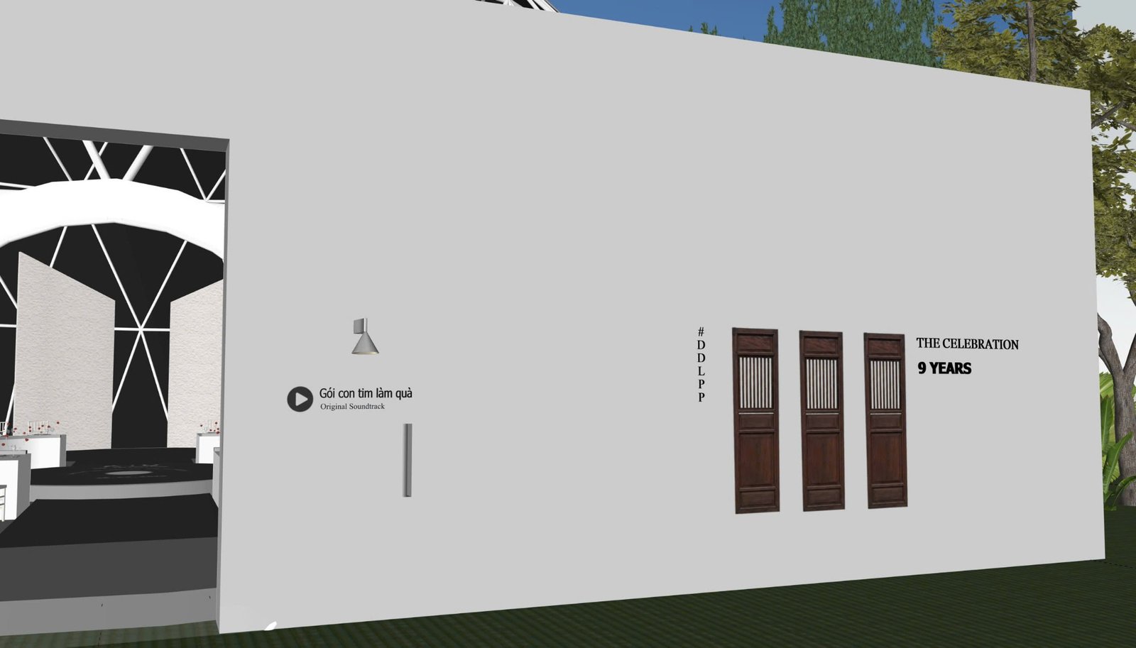 Mô hình SketchUp tường trắng với ba cánh cửa gỗ và chữ The Celebration 9 Years