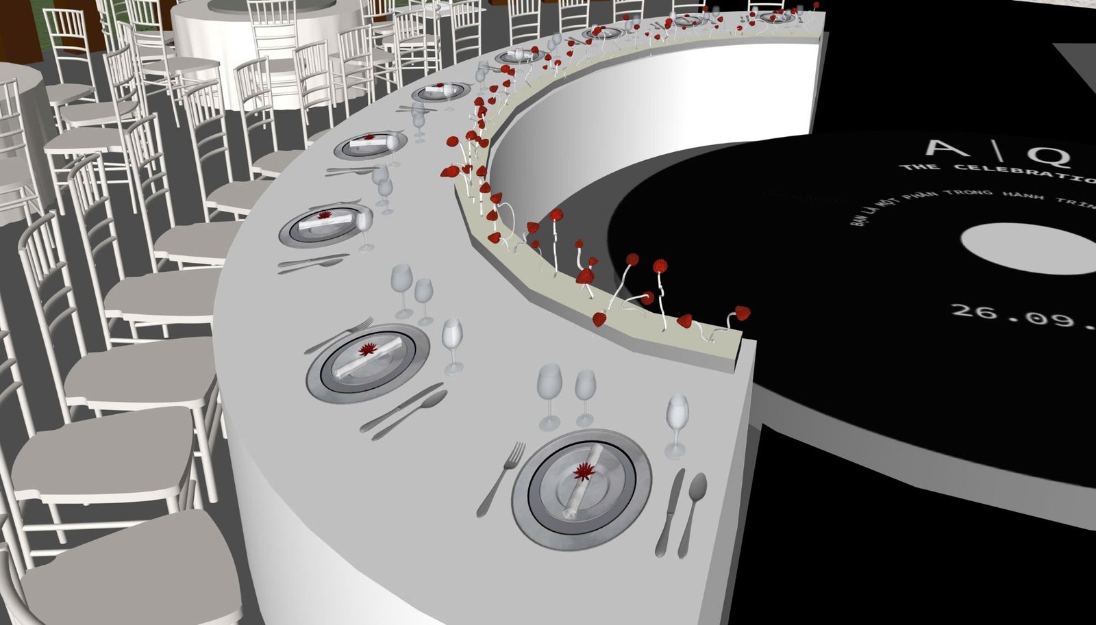 Mô hình SketchUp bàn tiệc cong ôm quanh sàn đĩa than A | Q