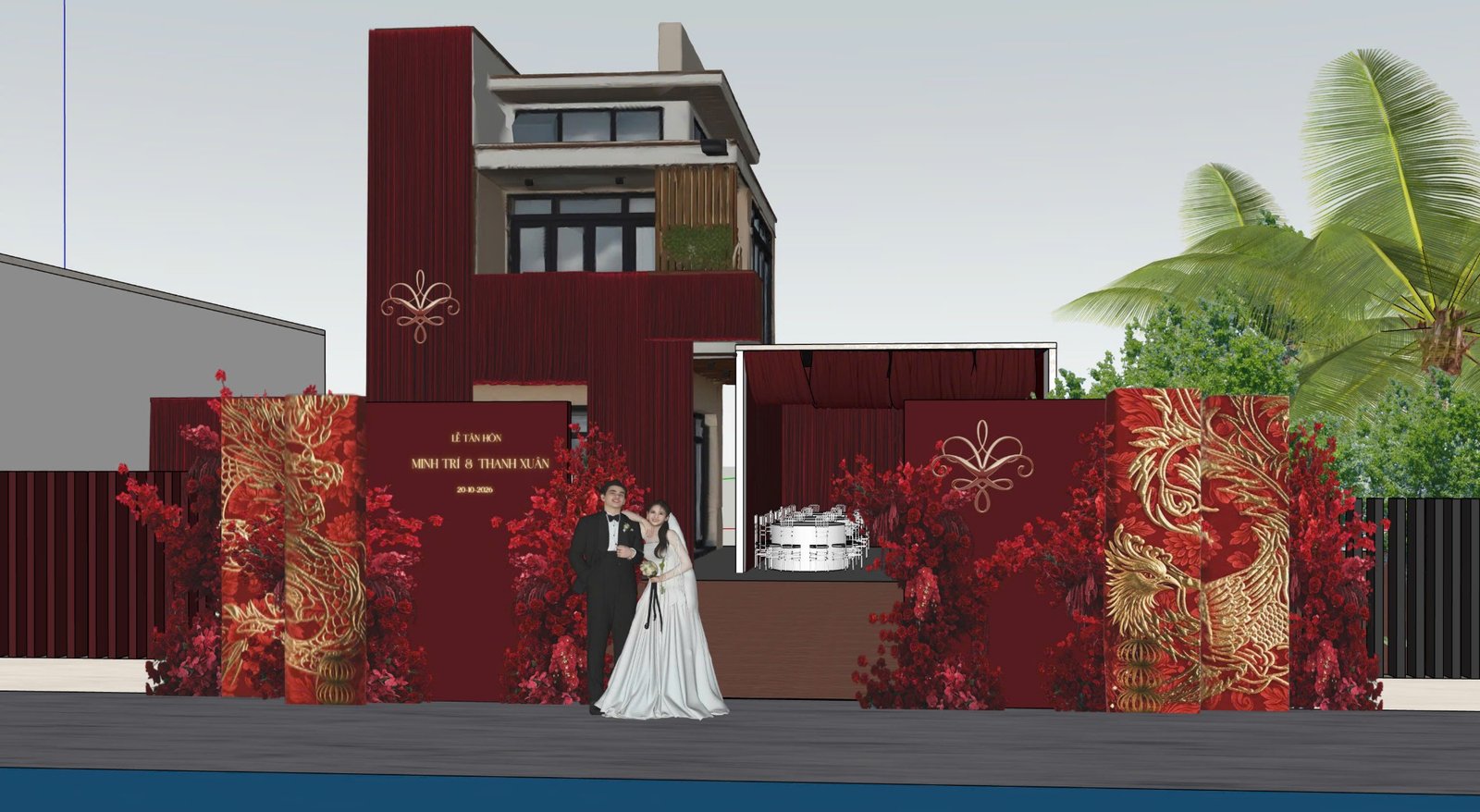 Render cổng chào Lễ Tân Hôn với vách đỏ phượng vàng và hoa đỏ