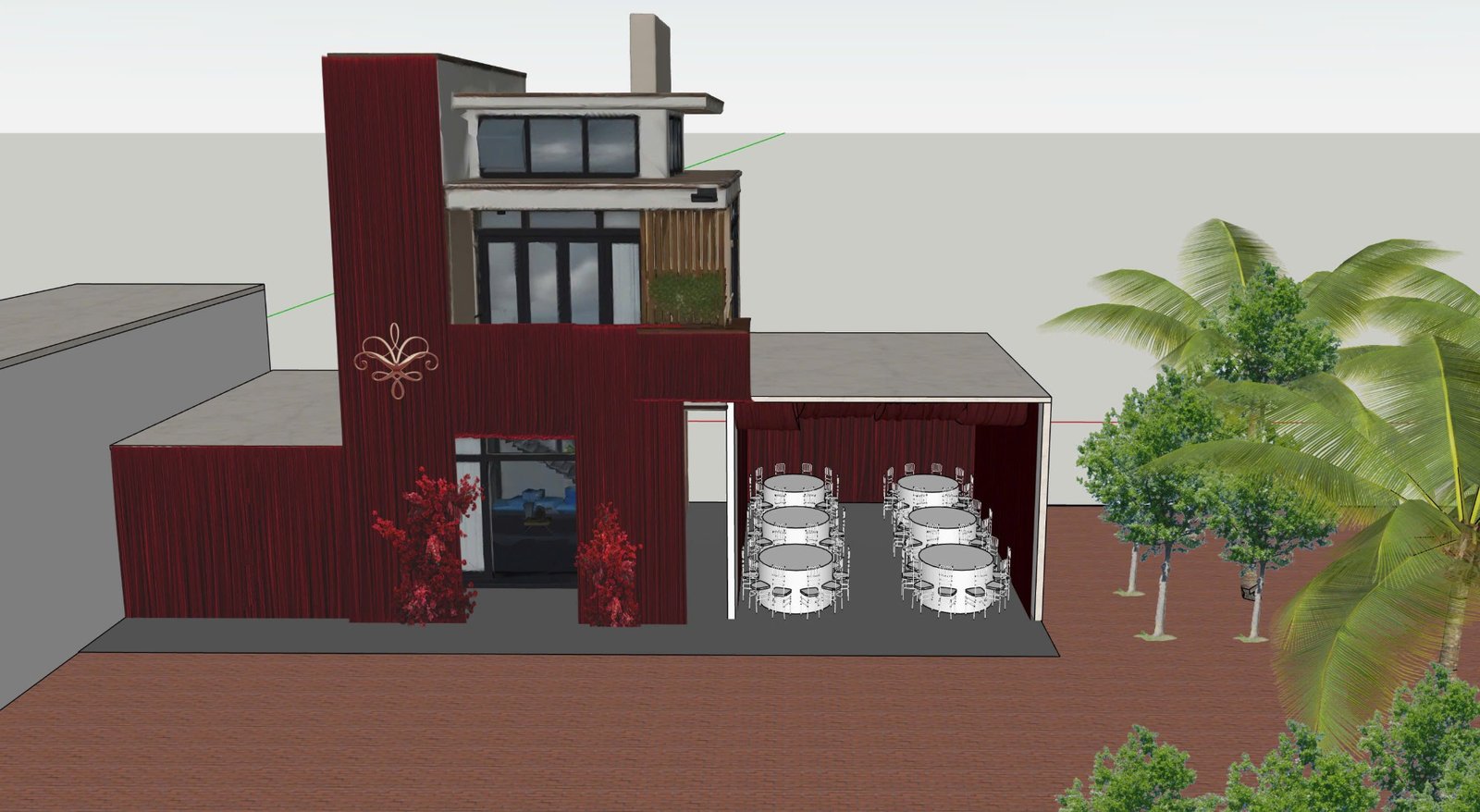 Mô hình SketchUp mặt tiền nhà phủ rèm nhung đỏ và khu tiệc bên cạnh